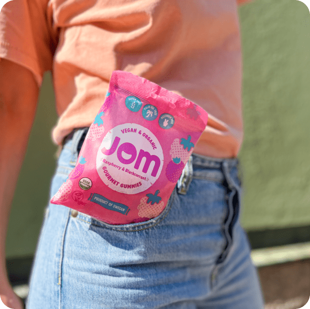 Organic Candy JOM Raspberry and Blackcurrant Vegan Gummies Bag Pocket USA