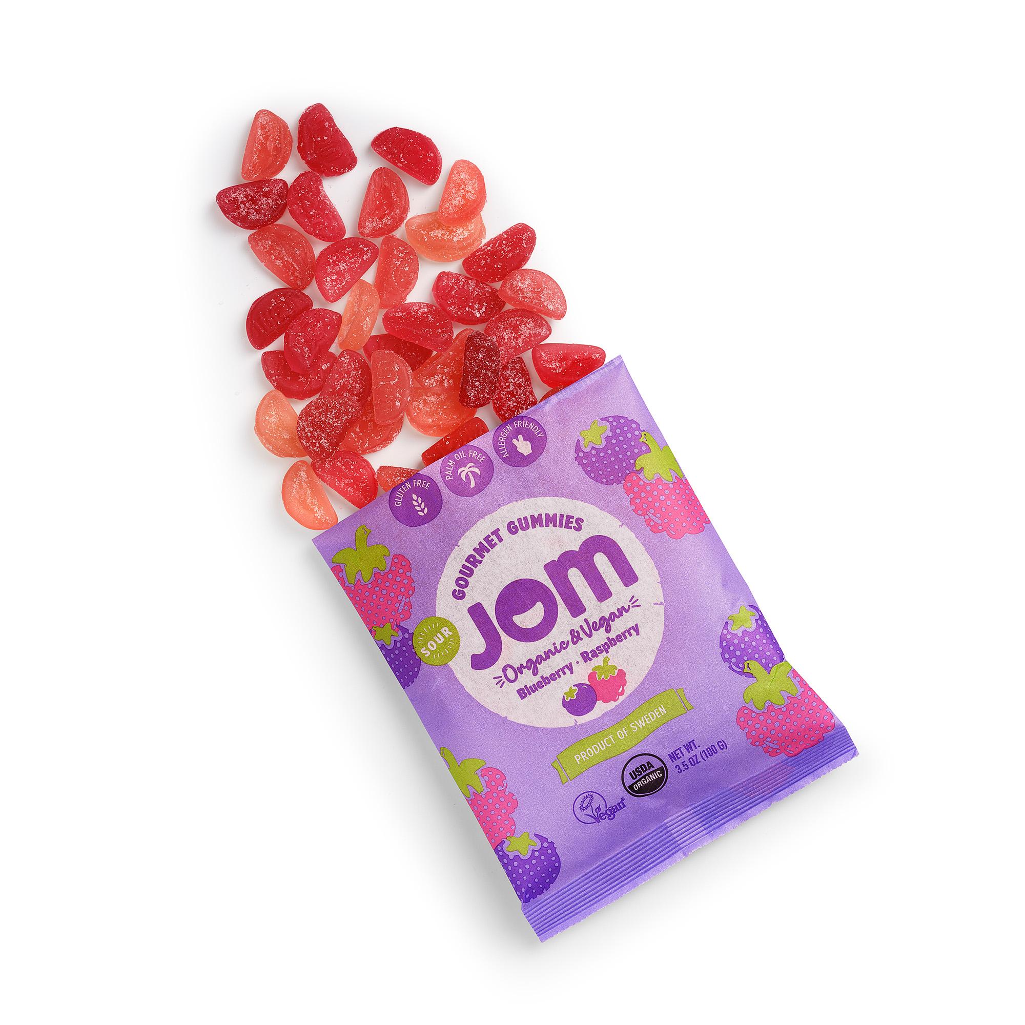 Organic Candy JOM Sour Blueberry and Raspberry Vegan Gummies Front USA