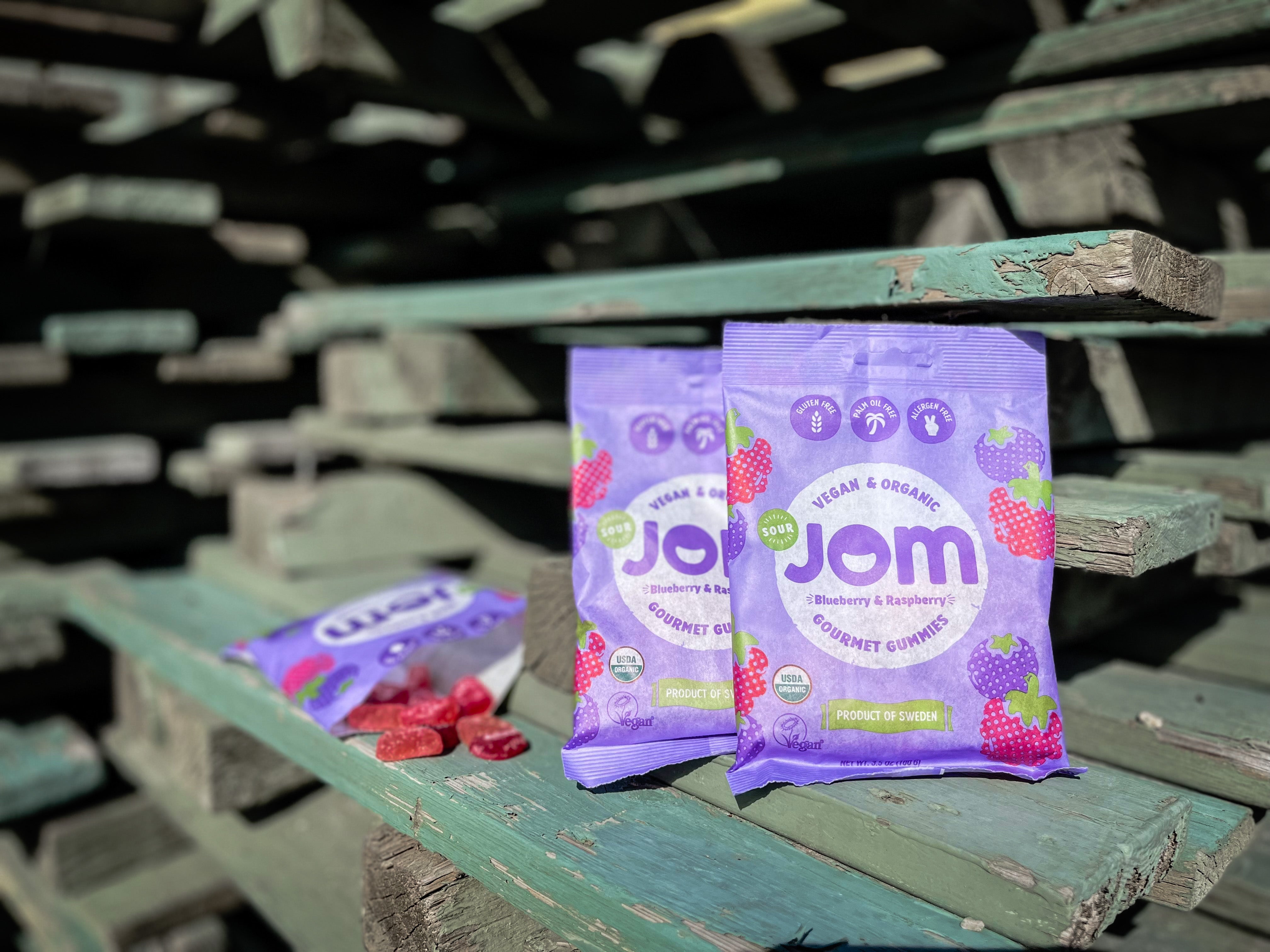 Organic Candy JOM Sour Blueberry and Raspberry Vegan Gummies Lifestyle USA
